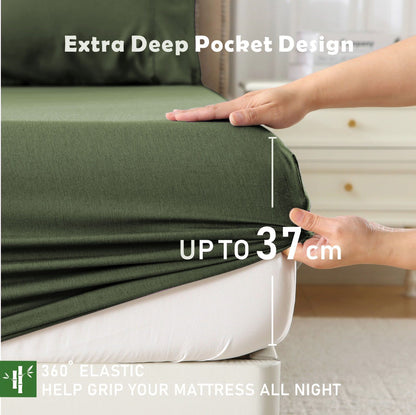 3 Piece Hotel Bamboo Cooling Fitted Sheet Set & Pillowcase -Ultra Soft 2000TC Breathable Fitted Bed Sheets Set with 37 Centimetre Deep Pocket-Cooling Sheets for Hot Sleepers(Olive green,Double)