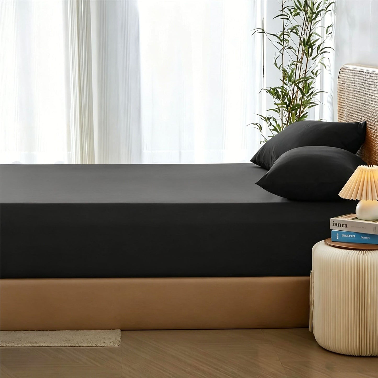 2 Piece Hotel Bamboo Cooling Fitted Sheet Set & Pillowcase -Ultra Soft 2000TC Breathable Fitted Bed Sheets Set with 37 Centimetre Deep Pocket-Cooling Sheets for Hot Sleepers(Black,King Single)