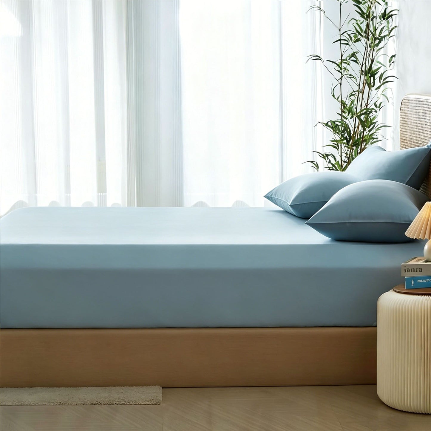 2 Piece Hotel Bamboo Cooling Fitted Sheet Set & Pillowcase -Ultra Soft 2000TC Breathable Fitted Bed Sheets Set with 37 Centimetre Deep Pocket-Cooling Sheets for Hot Sleepers(Sky Blue,King Single)