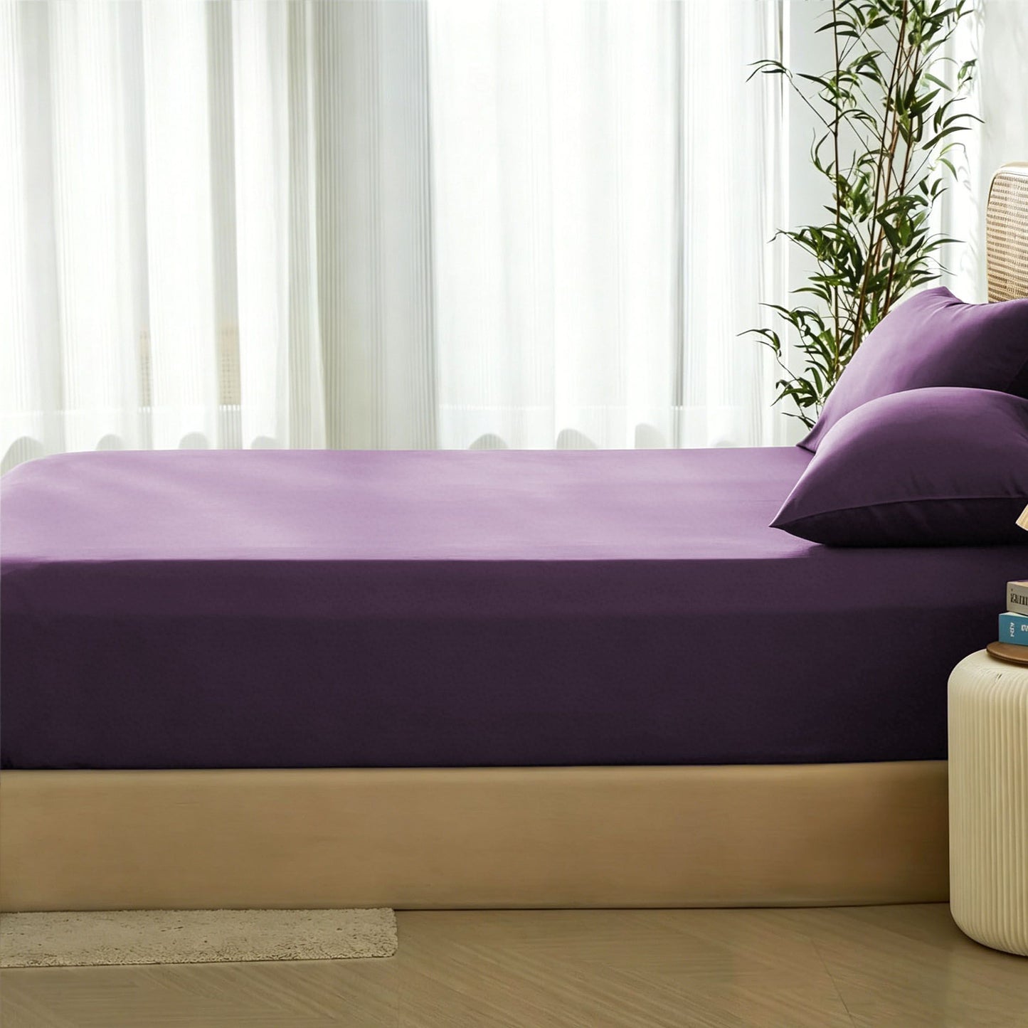 2 Piece Hotel Bamboo Cooling Fitted Sheet Set & Pillowcase -Ultra Soft 2000TC Breathable Fitted Bed Sheets Set with 37 Centimetre Deep Pocket-Cooling Sheets for Hot Sleepers(Purple,King Single)