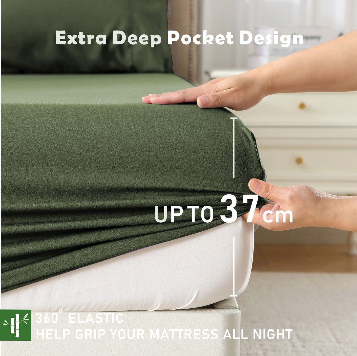 3 Piece Hotel Bamboo Cooling Fitted Sheet Set & Pillowcase -Ultra Soft 2000TC Breathable Fitted Bed Sheets Set with 37 Centimetre Deep Pocket-Cooling Sheets for Hot Sleepers(Olive green,Queen)