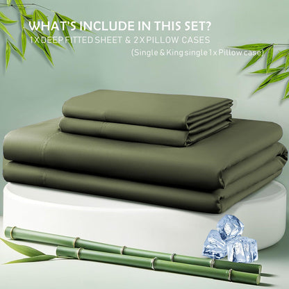 3 Piece Hotel Bamboo Cooling Fitted Sheet Set & Pillowcase -Ultra Soft 2000TC Breathable Fitted Bed Sheets Set with 37 Centimetre Deep Pocket-Cooling Sheets for Hot Sleepers(Olive green,Queen)