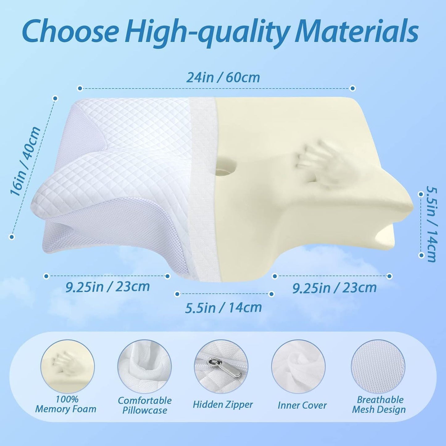 Cervical Neck Pillow for Neck Pain Relief, 2 in 1 Ergonomic Orthopedic Bed Pillow for Sleeping, Memory Foam V1317-JYM-BAI