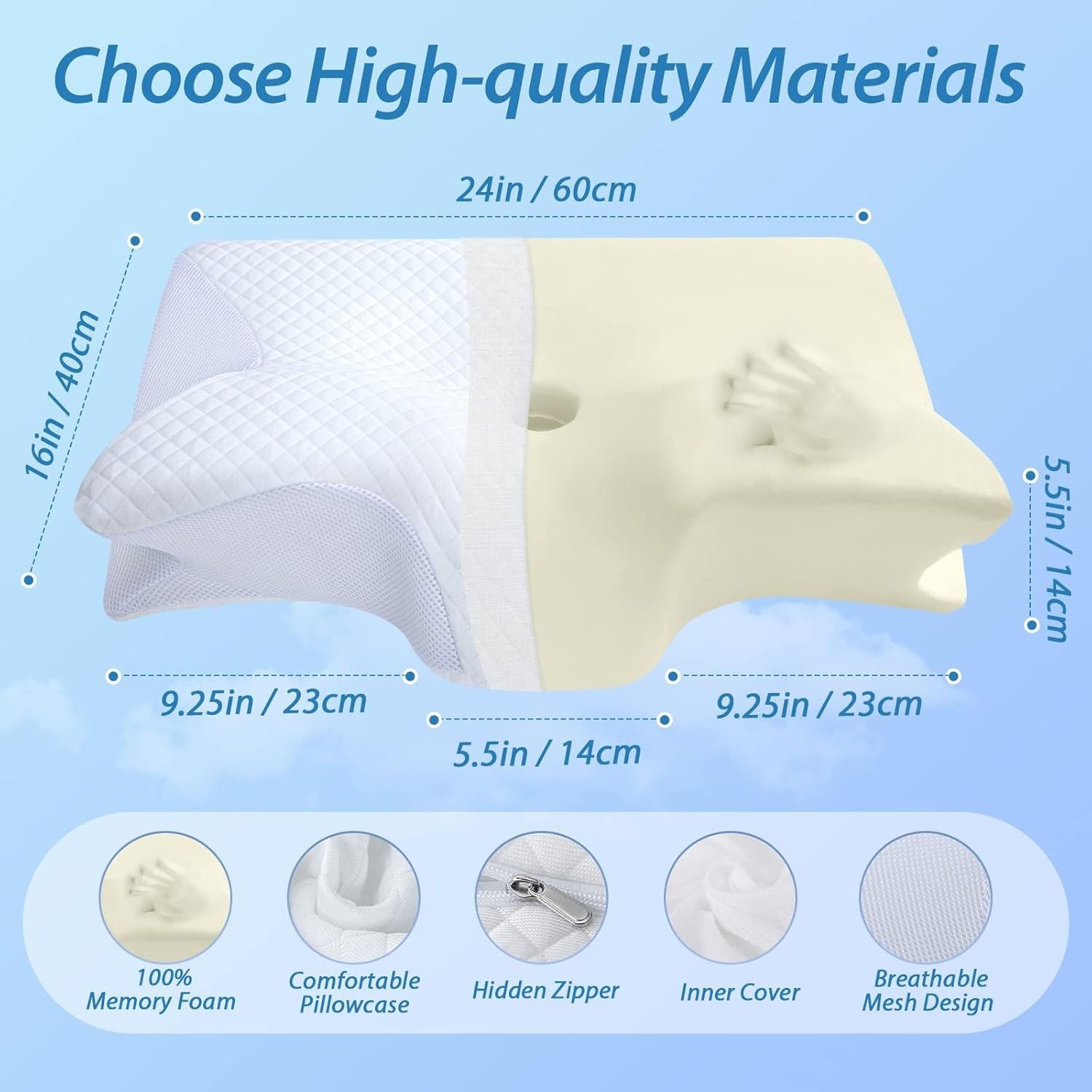 Cervical Neck Pillow for Neck Pain Relief, 2 in 1 Ergonomic Orthopedic Bed Pillow for Sleeping, Memory Foam V1317-JYM-BAI