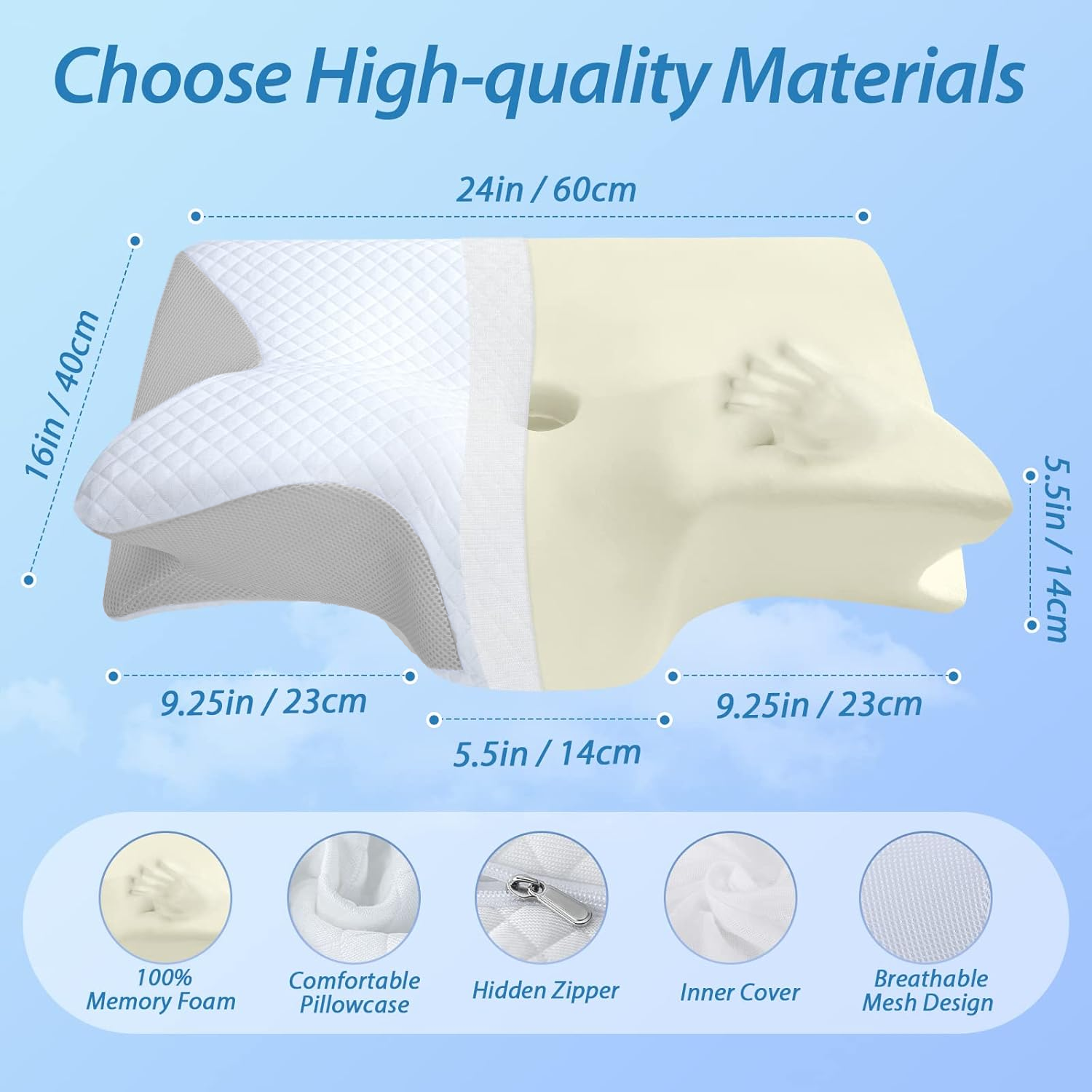 Cervical Neck Pillow for Neck Pain Relief, 2 in 1 Ergonomic Orthopedic Bed Pillow for Sleeping, Memory Foam V1317-JYM-HUI