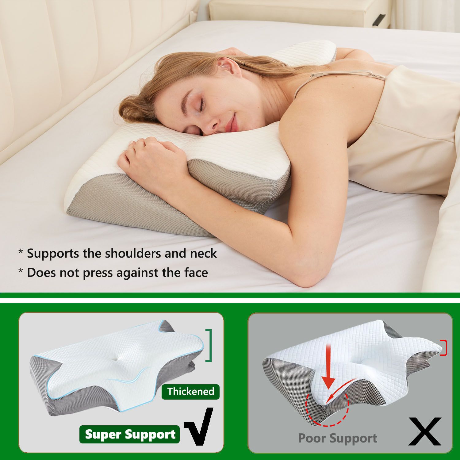 Cervical Neck Pillow for Neck Pain Relief, 2 in 1 Ergonomic Orthopedic Bed Pillow for Sleeping, Memory Foam V1317-JYM-HUI