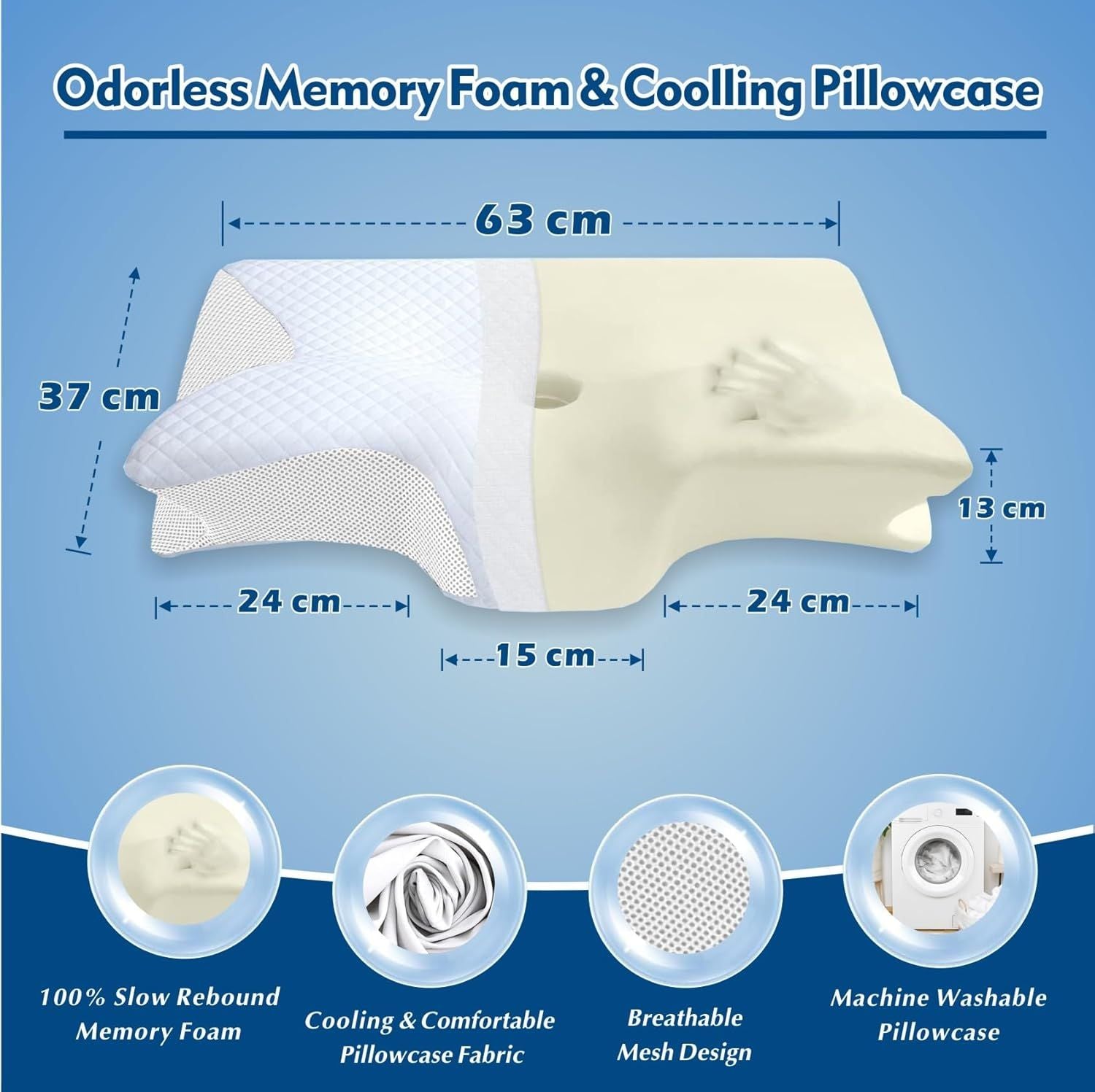 Bamboo Cervical Pillow for Neck and Shoulder Pain Relief Ergonomic Bed Pillow, Cooling Ergonomic Memory Foam V1317-JYM01-BAI