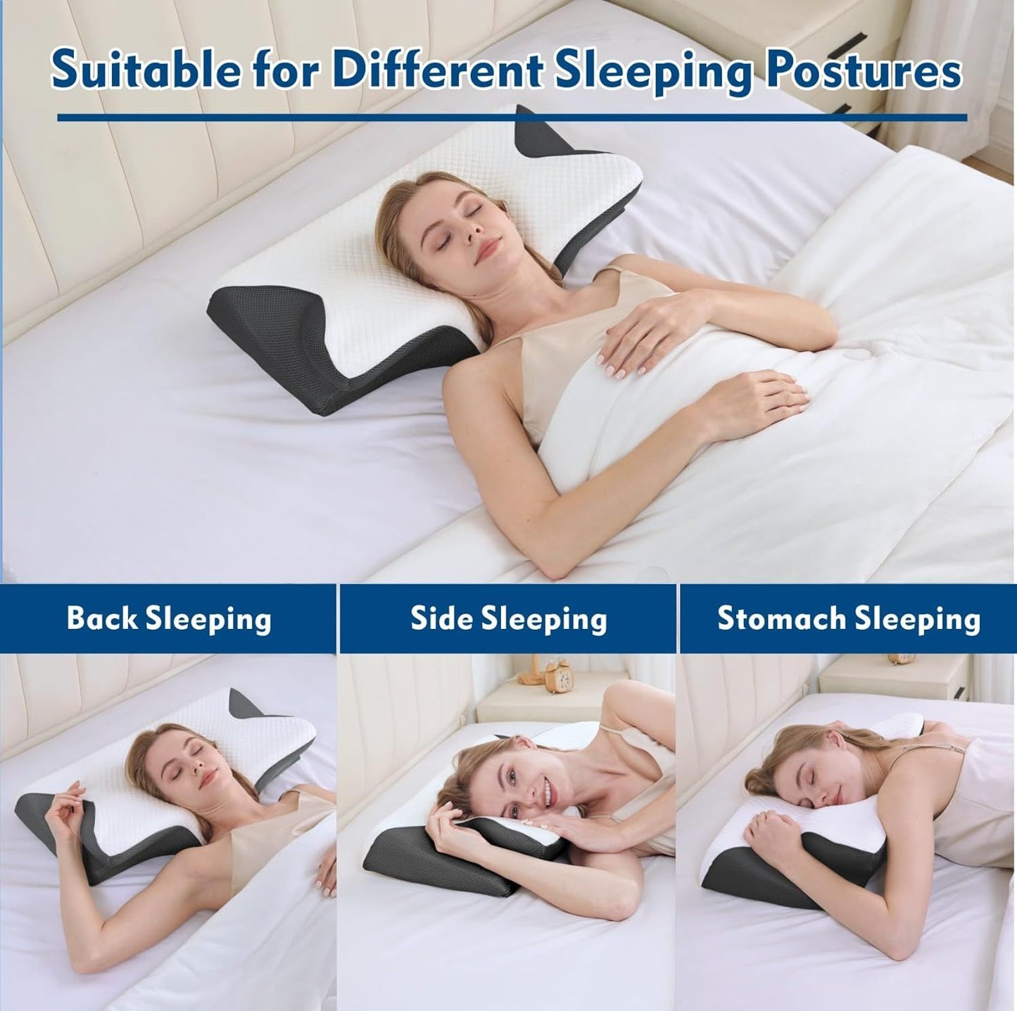 Bamboo Cervical Pillow for Neck and Shoulder Pain Relief Ergonomic Bed Pillow, Cooling Ergonomic Memory Foam V1317-JYM01-HEI