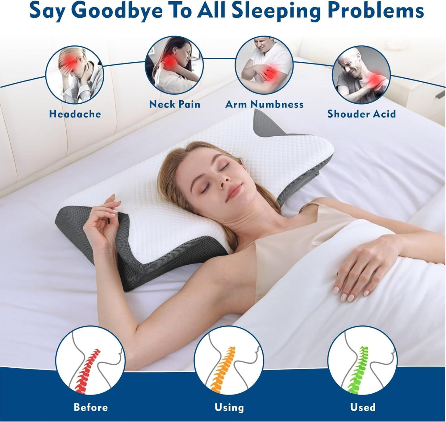 Bamboo Cervical Pillow for Neck and Shoulder Pain Relief Ergonomic Bed Pillow, Cooling Ergonomic Memory Foam V1317-JYM01-HUI