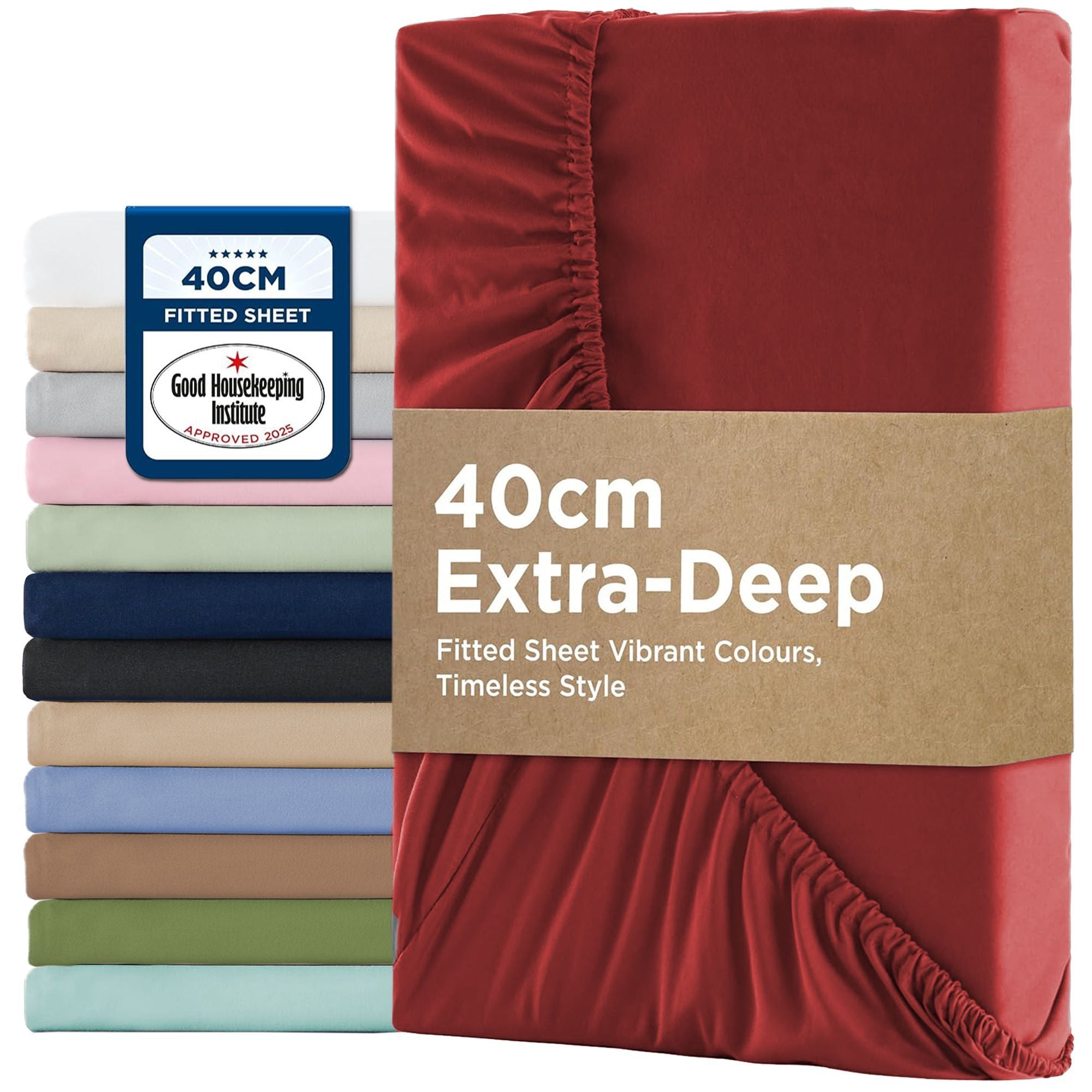 2000TC Hotel Quality Fitted Sheets - 2 Piece Fitted Sheets  -Breathable Bedding - Wrinkle, Fade, Stain Resistant- 16inch/40cm Deep Pocket Fitted Bed Sheets-Wrinkle and Fade Resistant,(Red,Double)