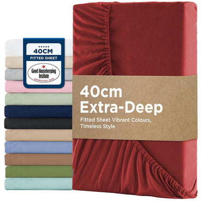 2000TC Hotel Quality Fitted Sheets - 2 Piece Fitted Sheets  -Breathable Bedding - Wrinkle, Fade, Stain Resistant- 16inch/40cm Deep Pocket Fitted Bed Sheets-Wrinkle and Fade Resistant,(Red,Double)
