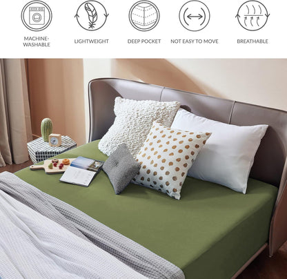 2000TC Hotel Quality Fitted Sheets - 2 Piece Fitted Sheets  -Breathable Bedding - Wrinkle, Fade, Stain Resistant- 16inch/40cm Deep Pocket Fitted Bed Sheets-Wrinkle and Fade Resistant,(Olive green,Queen)