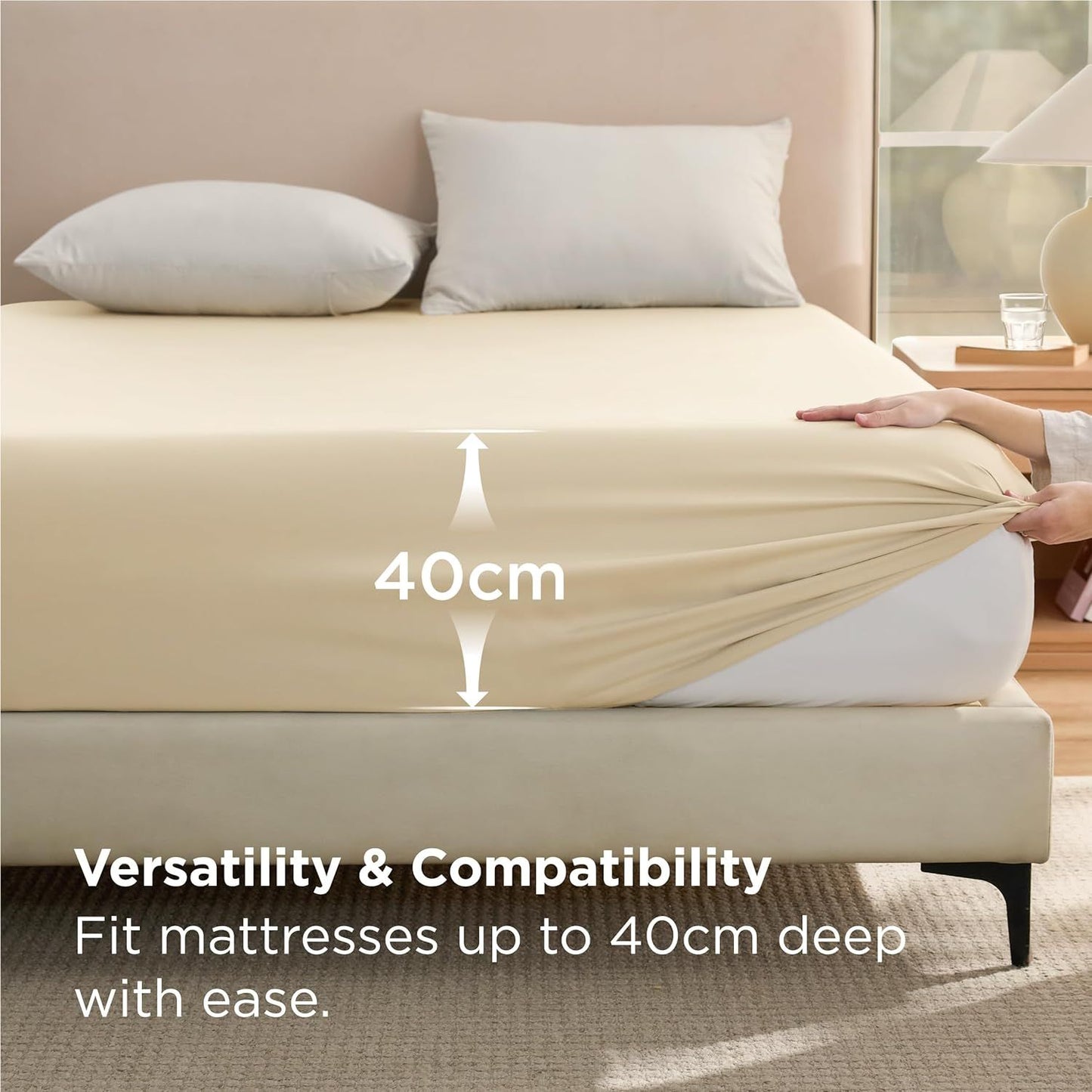 2000TC Hotel Quality Fitted Sheets - 2 Piece Fitted Sheets  -Breathable Bedding - Wrinkle, Fade, Stain Resistant- 16inch/40cm Deep Pocket Fitted Bed Sheets-Wrinkle and Fade Resistant,(Cream White,Queen)