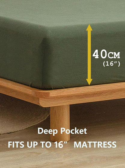 100% Cotton Fitted Sheet - Super Soft 40cm Deep Pocket Bottom Sheets - White Elastic Sheet（Double,Olive green)