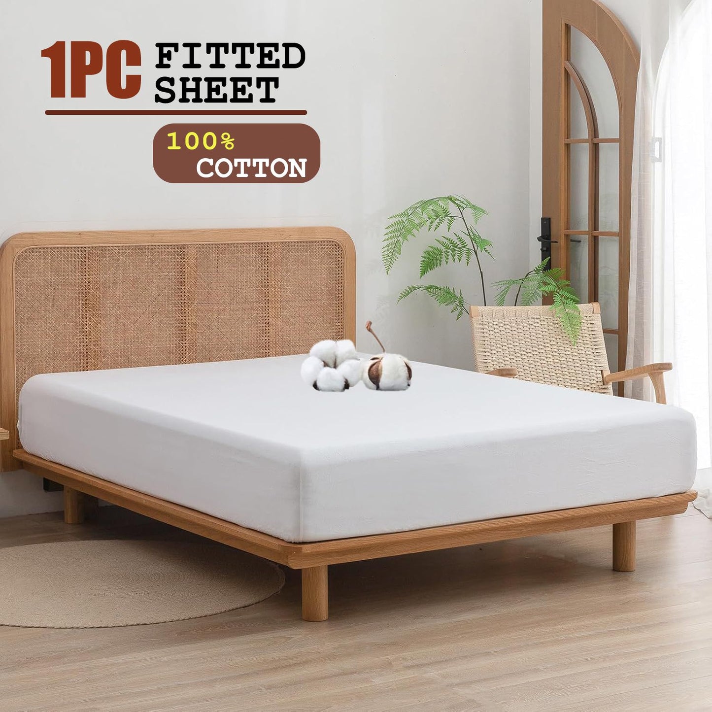 100% Cotton Fitted Sheet - Super Soft 40cm Deep Pocket Bottom Sheets - White Elastic Sheet（King,White)