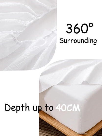 100% Cotton Fitted Sheet - Super Soft 40cm Deep Pocket Bottom Sheets - White Elastic Sheet（Single,White)