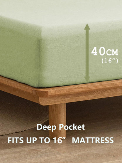 100% Cotton Fitted Sheet - Super Soft 40cm Deep Pocket Bottom Sheets - White Elastic Sheet（Single,Green beans)