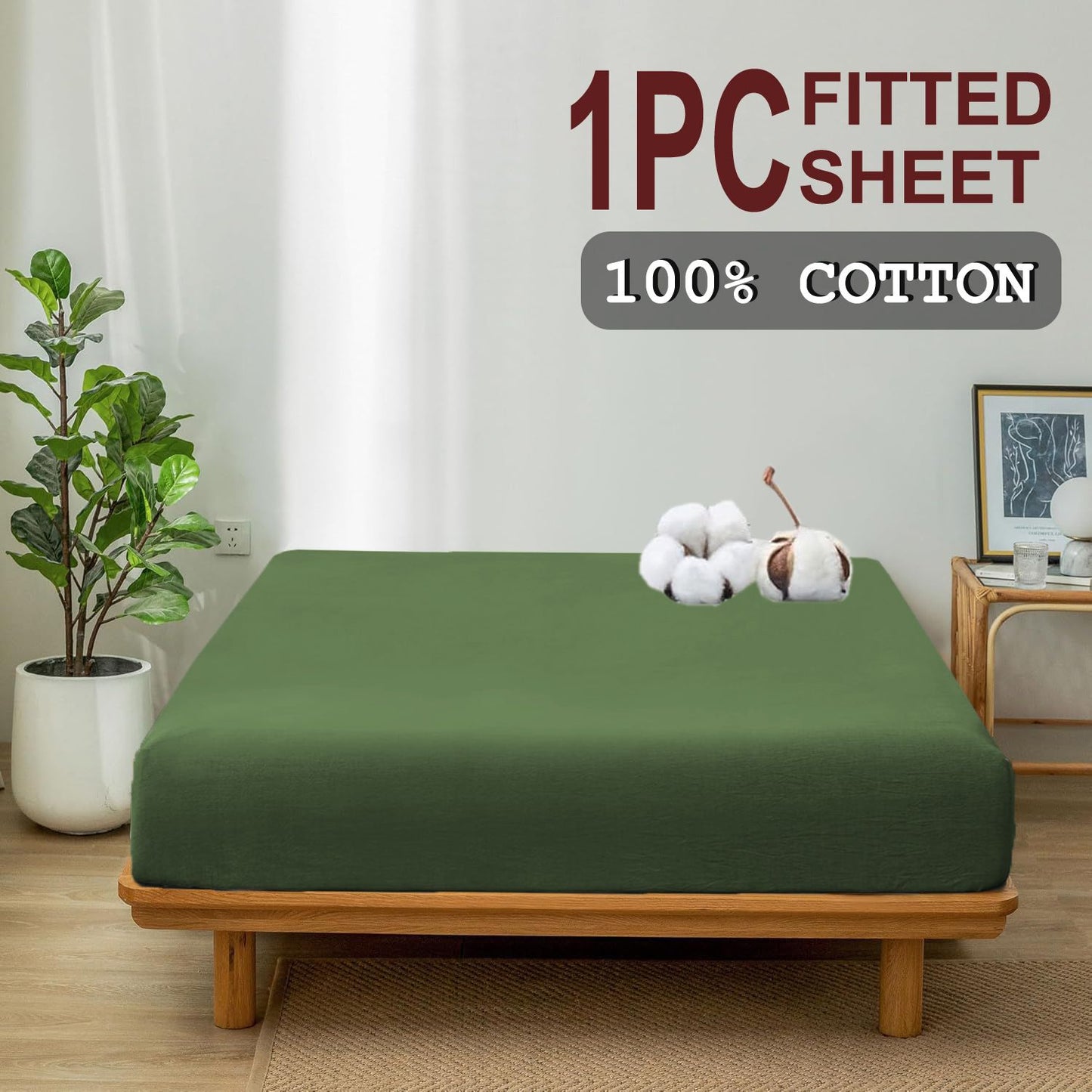 100% Cotton Fitted Sheet - Super Soft 40cm Deep Pocket Bottom Sheets - White Elastic Sheet（Single,Olive green)