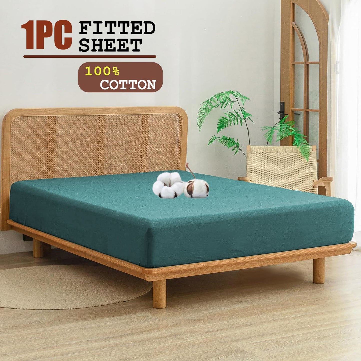 100% Cotton Fitted Sheet - Super Soft 40cm Deep Pocket Bottom Sheets - White Elastic Sheet（Single,Biscay blue)