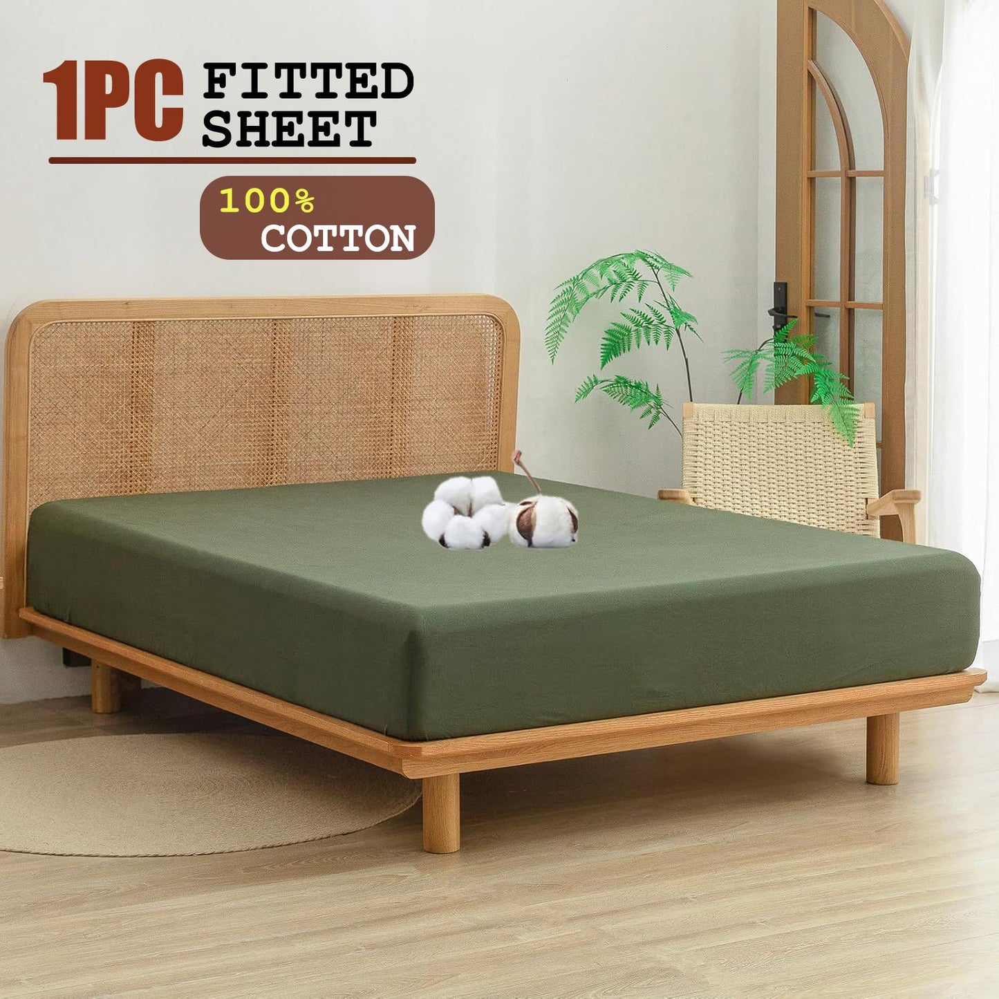 100% Cotton Fitted Sheet - Super Soft 40cm Deep Pocket Bottom Sheets - White Elastic Sheet（Super King,Olive green)