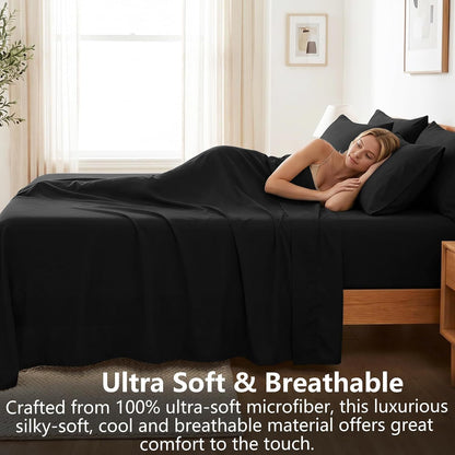 Hotel Soft Bed Sheet Set- Bedding Sheets & Pillowcases -Breathable Bedding - Wrinkle, Fade, Stain Resistant-Deep Pocket Flat Fitted Bed Sheet Set(Black,Double)