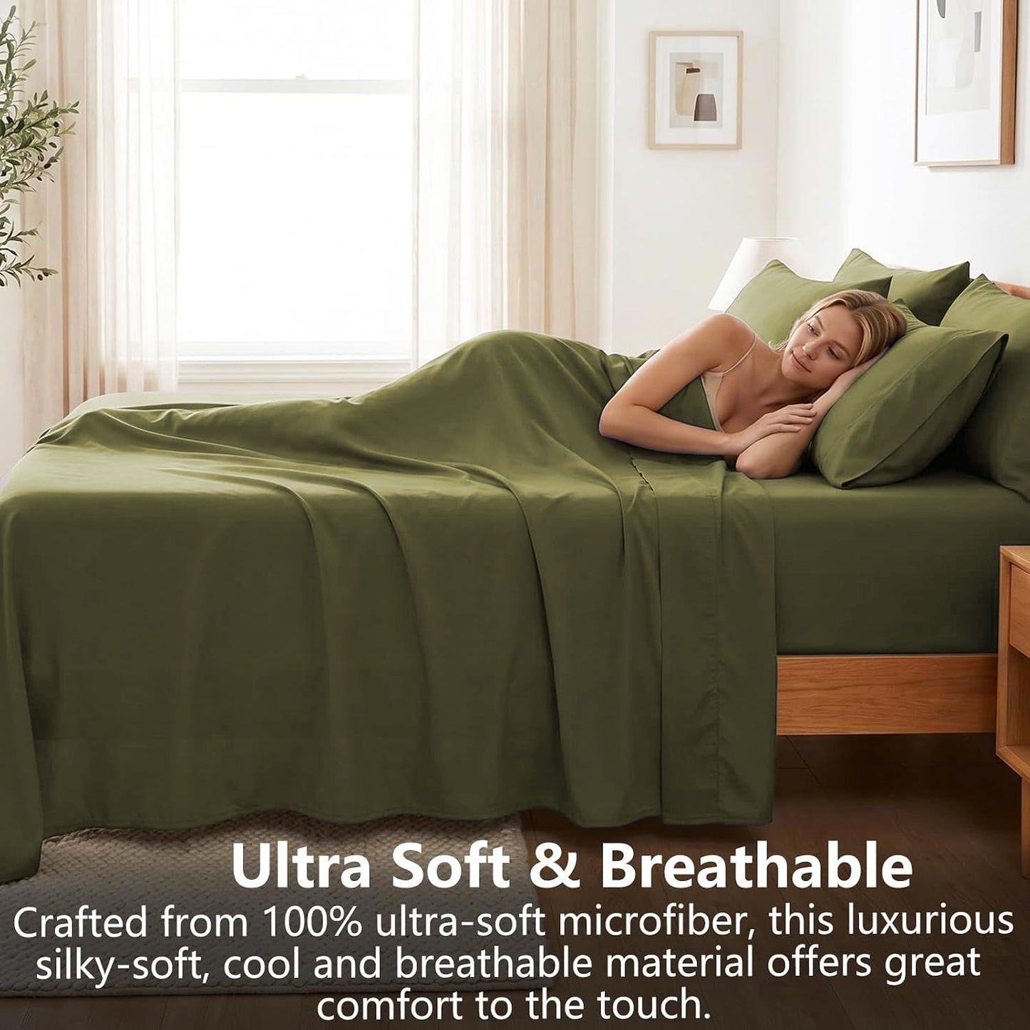 Hotel Soft Bed Sheet Set- Bedding Sheets & Pillowcases -Breathable Bedding - Wrinkle, Fade, Stain Resistant-Deep Pocket Flat Fitted Bed Sheet Set(Olive green,Double)