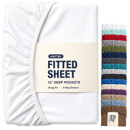 Hotel Quality Fitted Sheet - 1 Piece Fitted Sheet  -Breathable Bedding - Wrinkle, Fade, Stain Resistant- 16inch/40cm Deep Pocket Fitted Bed Sheet-Wrinkle and Fade Resistant,(White,Double)
