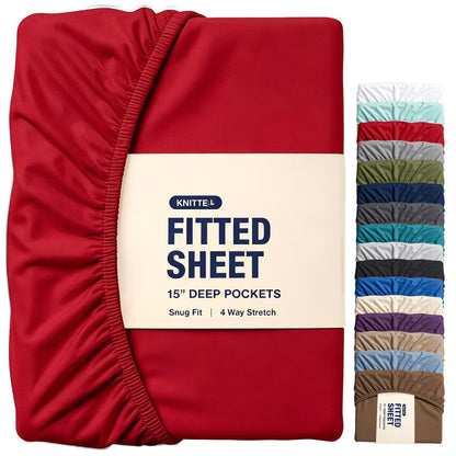 Hotel Quality Fitted Sheet - 1 Piece Fitted Sheet  -Breathable Bedding - Wrinkle, Fade, Stain Resistant- 16inch/40cm Deep Pocket Fitted Bed Sheet-Wrinkle and Fade Resistant,(Red,Double)