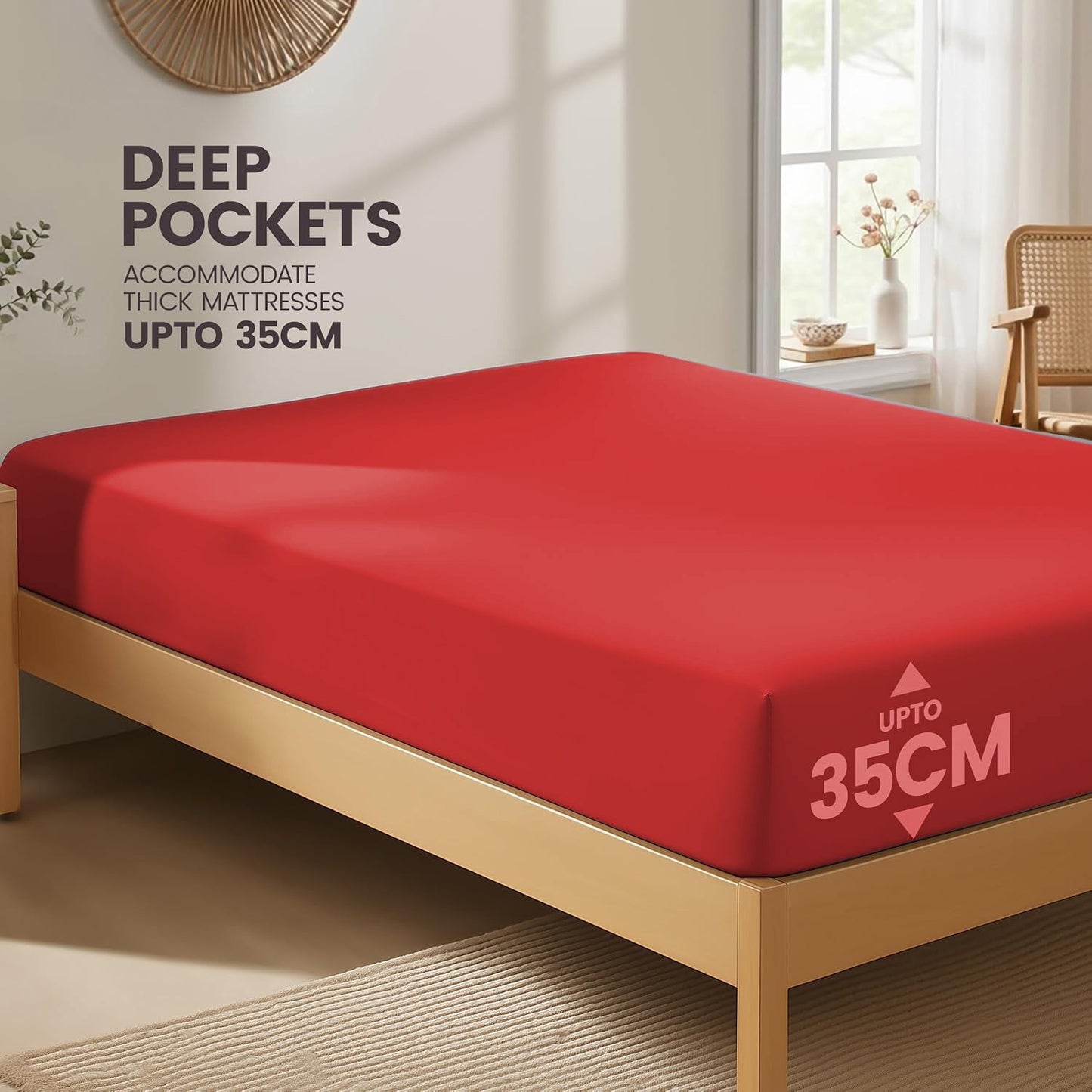 Hotel Quality Fitted Sheet - 1 Piece Fitted Sheet  -Breathable Bedding - Wrinkle, Fade, Stain Resistant- 16inch/40cm Deep Pocket Fitted Bed Sheet-Wrinkle and Fade Resistant,(Red,Double)