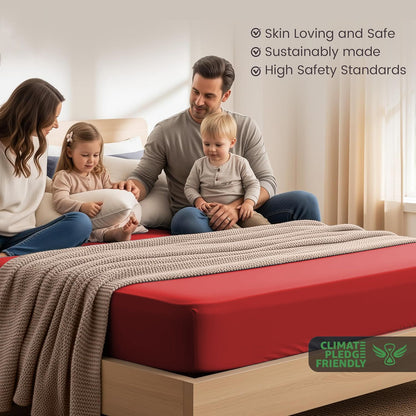Hotel Quality Fitted Sheet - 1 Piece Fitted Sheet  -Breathable Bedding - Wrinkle, Fade, Stain Resistant- 16inch/40cm Deep Pocket Fitted Bed Sheet-Wrinkle and Fade Resistant,(Red,Double)