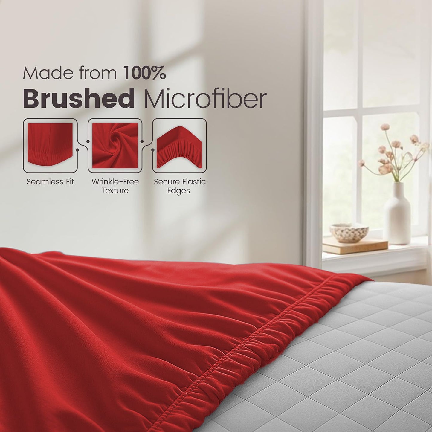 Hotel Quality Fitted Sheet - 1 Piece Fitted Sheet  -Breathable Bedding - Wrinkle, Fade, Stain Resistant- 16inch/40cm Deep Pocket Fitted Bed Sheet-Wrinkle and Fade Resistant,(Red,Double)