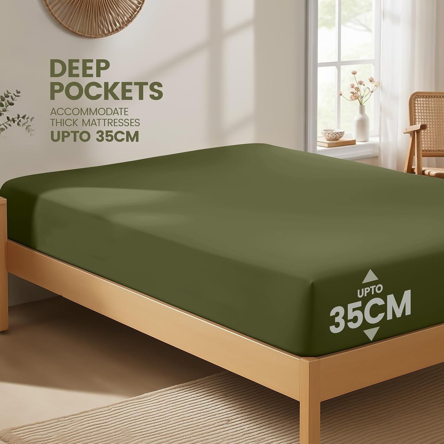 Hotel Quality Fitted Sheet - 1 Piece Fitted Sheet  -Breathable Bedding - Wrinkle, Fade, Stain Resistant- 16inch/40cm Deep Pocket Fitted Bed Sheet-Wrinkle and Fade Resistant,(Olive green,Double)