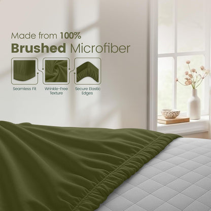 Hotel Quality Fitted Sheet - 1 Piece Fitted Sheet  -Breathable Bedding - Wrinkle, Fade, Stain Resistant- 16inch/40cm Deep Pocket Fitted Bed Sheet-Wrinkle and Fade Resistant,(Olive green,Double)
