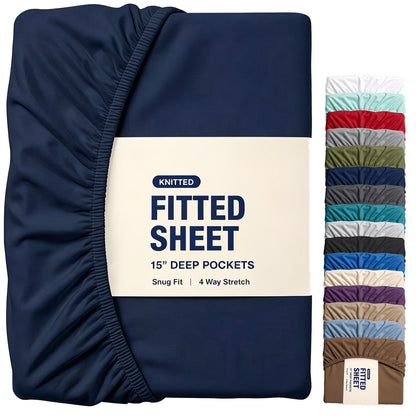 Hotel Quality Fitted Sheet - 1 Piece Fitted Sheet  -Breathable Bedding - Wrinkle, Fade, Stain Resistant- 16inch/40cm Deep Pocket Fitted Bed Sheet-Wrinkle and Fade Resistant,(Navy,Double)