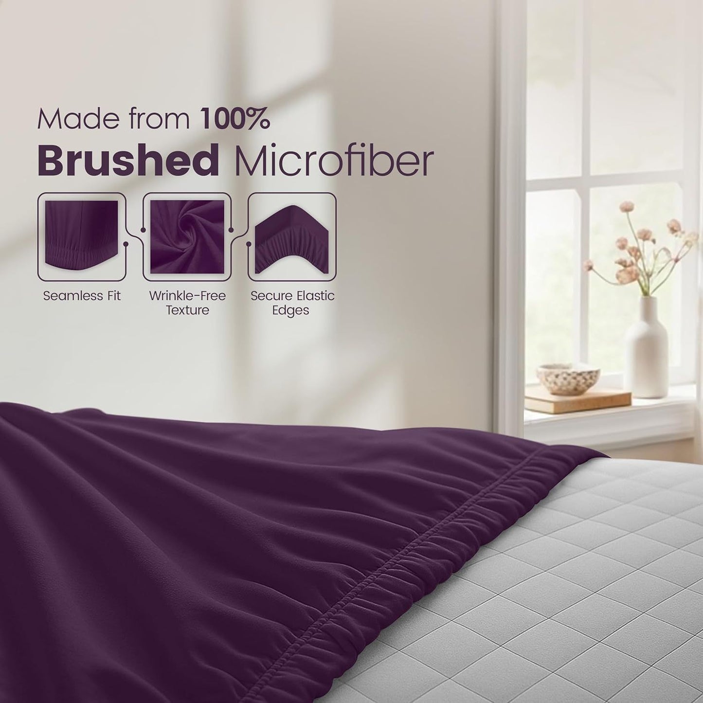 Hotel Quality Fitted Sheet - 1 Piece Fitted Sheet  -Breathable Bedding - Wrinkle, Fade, Stain Resistant- 16inch/40cm Deep Pocket Fitted Bed Sheet-Wrinkle and Fade Resistant,(Purple,Double)