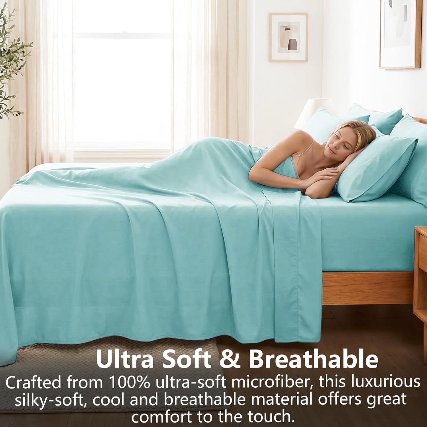 Hotel Soft Bed Sheet Set- Bedding Sheets & Pillowcases -Breathable Bedding - Wrinkle, Fade, Stain Resistant-Deep Pocket Flat Fitted Bed Sheet Set(Ice Blue,King)