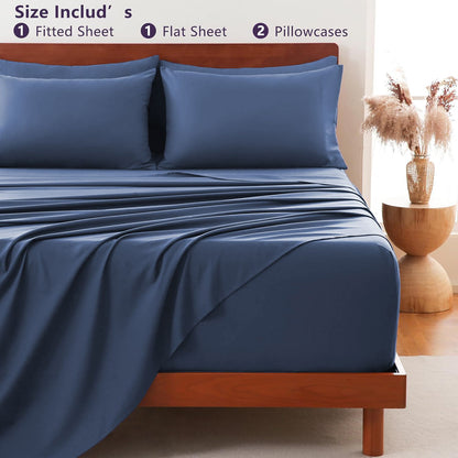 Hotel Soft Bed Sheet Set- Bedding Sheets & Pillowcases -Breathable Bedding - Wrinkle, Fade, Stain Resistant-Deep Pocket Flat Fitted Bed Sheet Set(Navy,King)