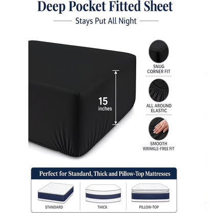 Hotel Quality Fitted Sheet - 1 Piece Fitted Sheet  -Breathable Bedding - Wrinkle, Fade, Stain Resistant- 16inch/40cm Deep Pocket Fitted Bed Sheet-Wrinkle and Fade Resistant,(Black,King)
