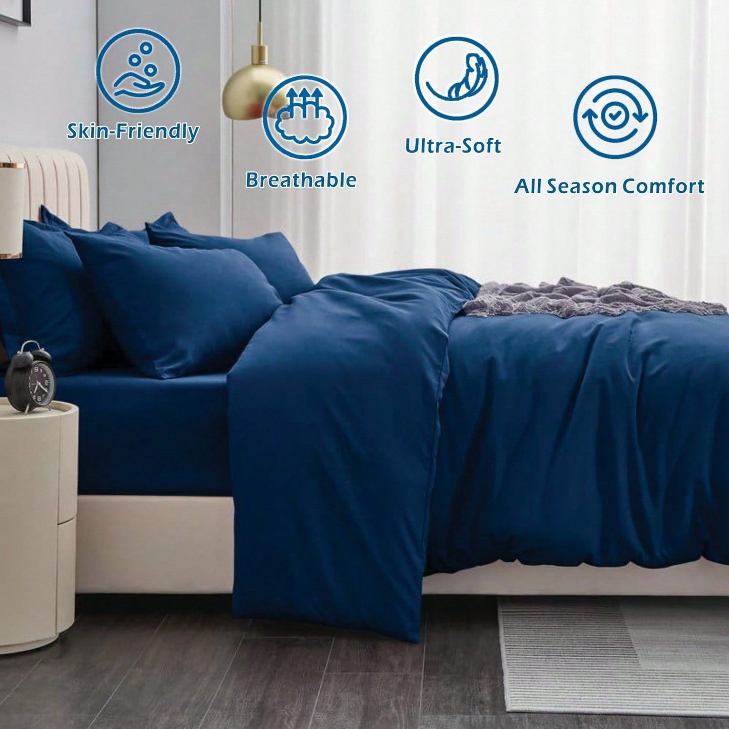 Hotel Soft Microfiber Duvet Cover Set-2000TC Quilt Cover Set & Pillowcases -1 Donna Cover Zipper Closure & 1 x Pillowcases-Breathable Bedding - Wrinkle, Fade, Stain Resistant(Navy,King Single)