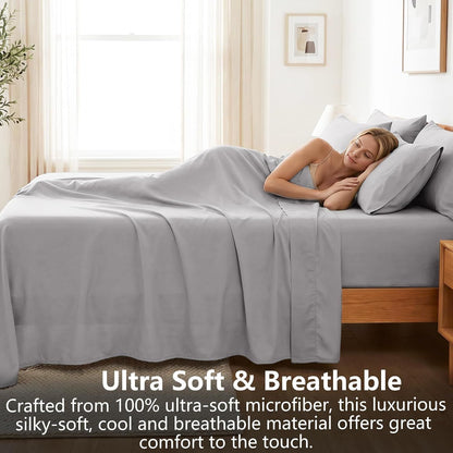 Hotel Soft Bed Sheet Set- Bedding Sheets & Pillowcases -Breathable Bedding - Wrinkle, Fade, Stain Resistant-Deep Pocket Flat Fitted Bed Sheet Set(Silver-gray,King Single)