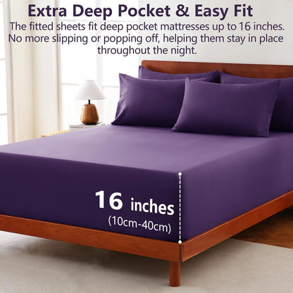 Hotel Soft Bed Sheet Set- Bedding Sheets & Pillowcases -Breathable Bedding - Wrinkle, Fade, Stain Resistant-Deep Pocket Flat Fitted Bed Sheet Set(Purple,King Single)
