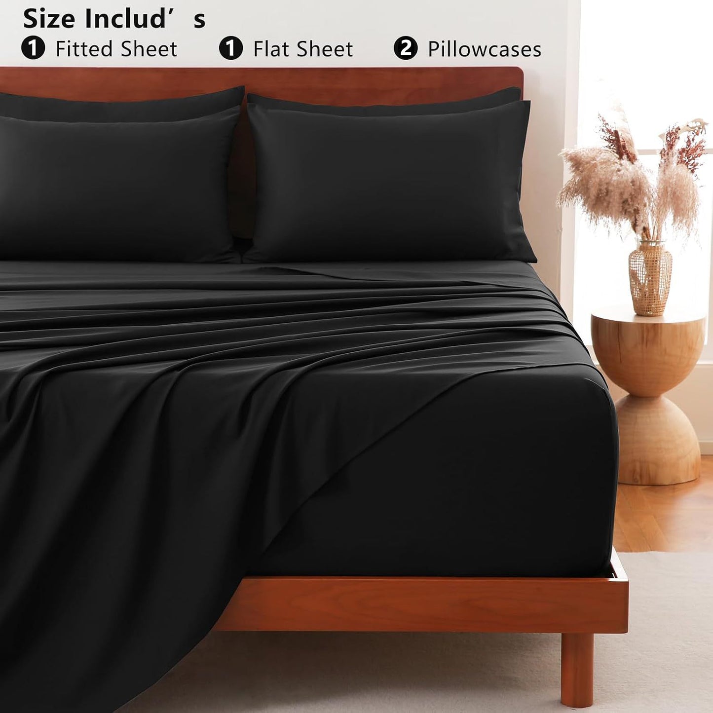 Hotel Soft Bed Sheet Set- Bedding Sheets & Pillowcases -Breathable Bedding - Wrinkle, Fade, Stain Resistant-Deep Pocket Flat Fitted Bed Sheet Set(Black,Queen)