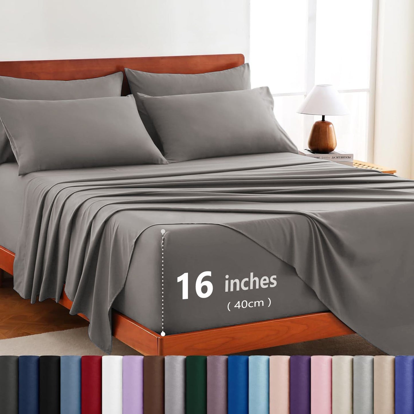 Hotel Soft Bed Sheet Set- Bedding Sheets & Pillowcases -Breathable Bedding - Wrinkle, Fade, Stain Resistant-Deep Pocket Flat Fitted Bed Sheet Set(Grey,Queen)