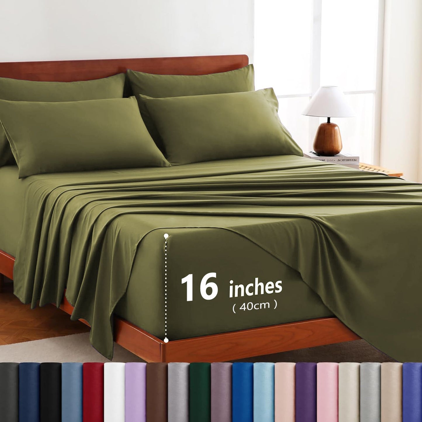 Hotel Soft Bed Sheet Set- Bedding Sheets & Pillowcases -Breathable Bedding - Wrinkle, Fade, Stain Resistant-Deep Pocket Flat Fitted Bed Sheet Set(Olive green,Queen)
