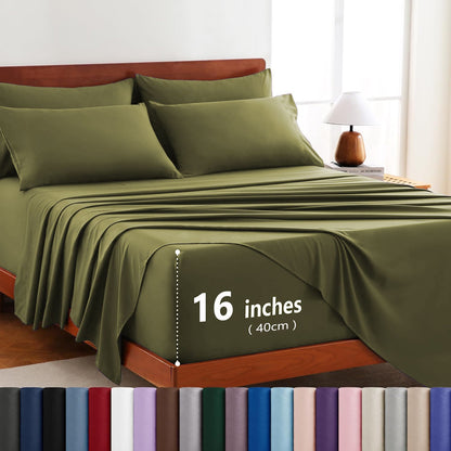 Hotel Soft Bed Sheet Set- Bedding Sheets & Pillowcases -Breathable Bedding - Wrinkle, Fade, Stain Resistant-Deep Pocket Flat Fitted Bed Sheet Set(Olive green,Queen)