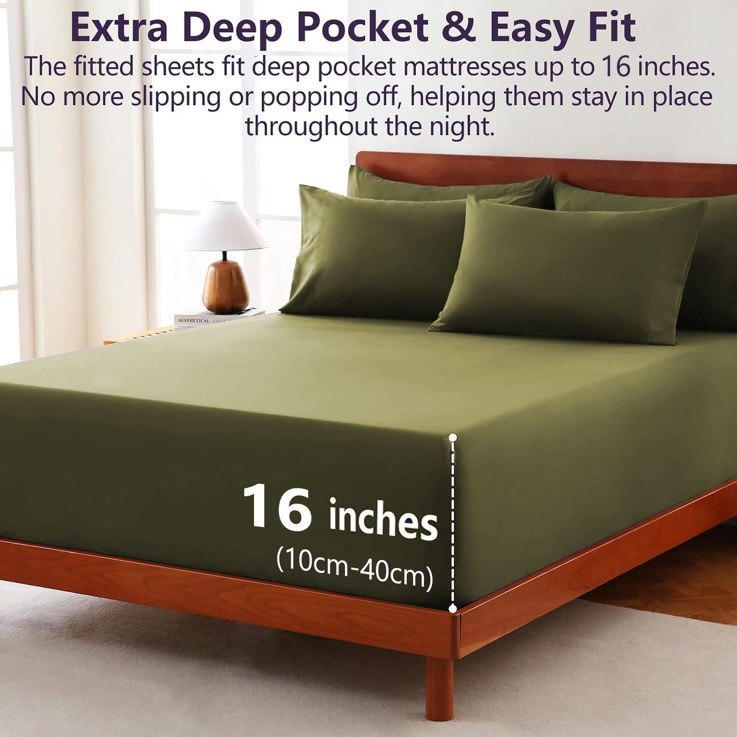 Hotel Soft Bed Sheet Set- Bedding Sheets & Pillowcases -Breathable Bedding - Wrinkle, Fade, Stain Resistant-Deep Pocket Flat Fitted Bed Sheet Set(Olive green,Queen)