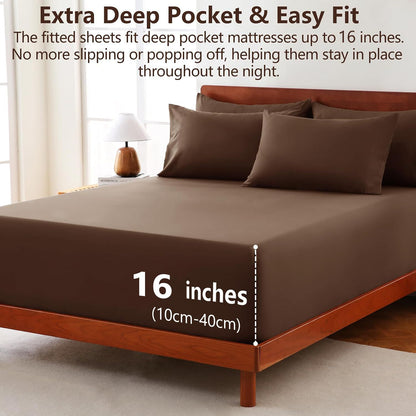 Hotel Soft Bed Sheet Set- Bedding Sheets & Pillowcases -Breathable Bedding - Wrinkle, Fade, Stain Resistant-Deep Pocket Flat Fitted Bed Sheet Set(Chocolate,Queen)