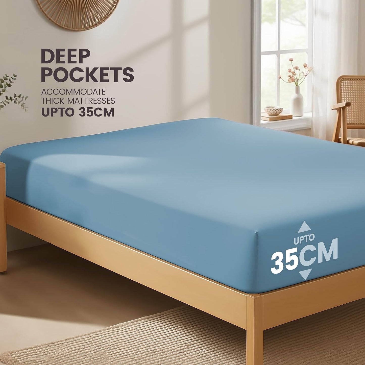 Hotel Quality Fitted Sheet - 1 Piece Fitted Sheet  -Breathable Bedding - Wrinkle, Fade, Stain Resistant- 16inch/40cm Deep Pocket Fitted Bed Sheet-Wrinkle and Fade Resistant,(Ocean,Queen)