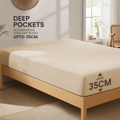 Hotel Quality Fitted Sheet - 1 Piece Fitted Sheet  -Breathable Bedding - Wrinkle, Fade, Stain Resistant- 16inch/40cm Deep Pocket Fitted Bed Sheet-Wrinkle and Fade Resistant,(Cream White,Queen)