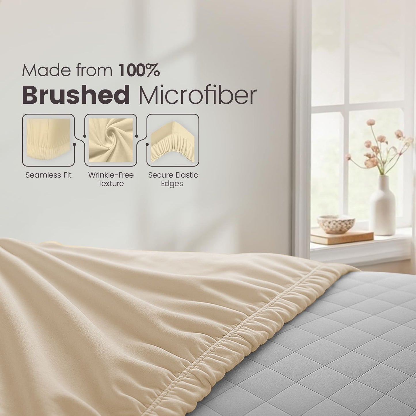 Hotel Quality Fitted Sheet - 1 Piece Fitted Sheet  -Breathable Bedding - Wrinkle, Fade, Stain Resistant- 16inch/40cm Deep Pocket Fitted Bed Sheet-Wrinkle and Fade Resistant,(Cream White,Queen)